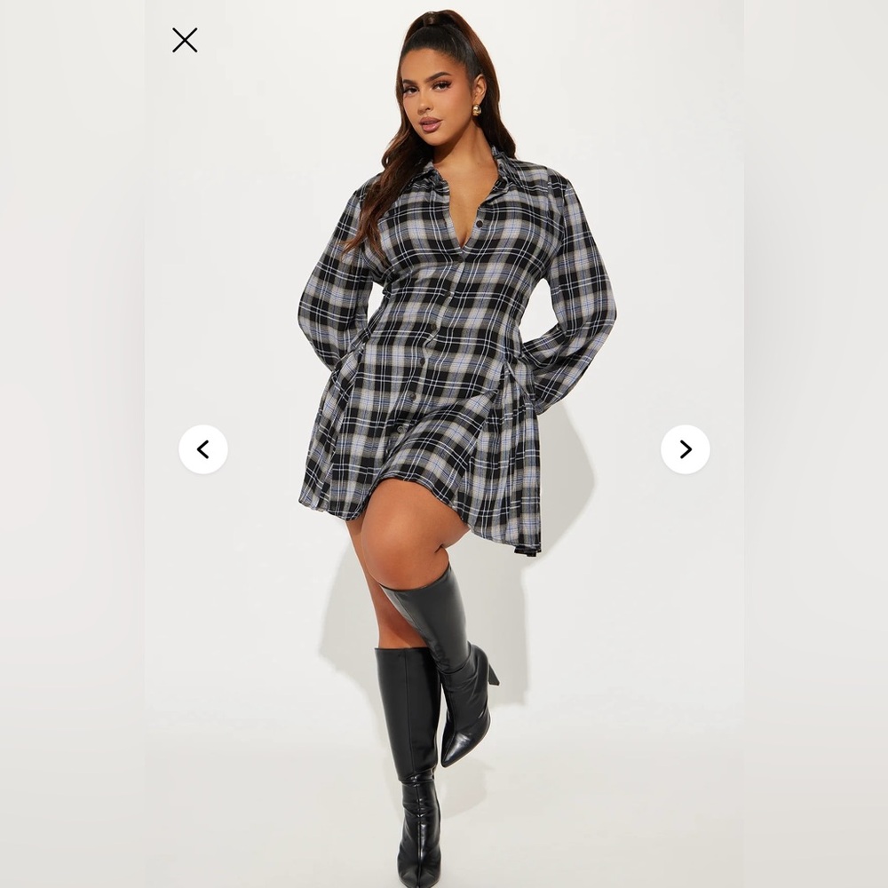 Fashion Nova Black and White Plaid Long Sleeve Dress